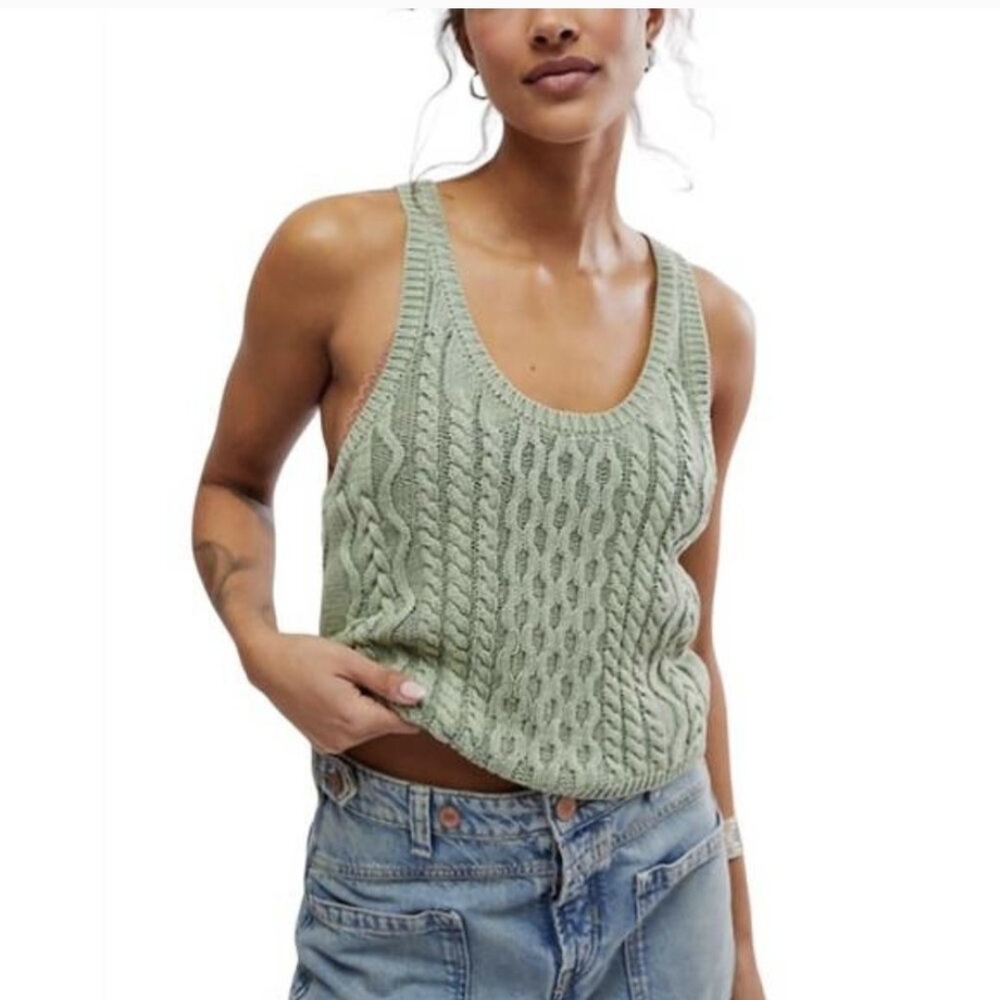 Free People Green Cable Knit Tank Top New With Tags